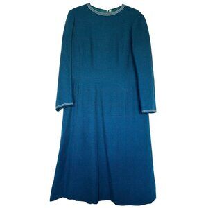 Vintage 1960's Ebba von Eckermann 100% Wool Turquoise Wool Midi Dress White Trim